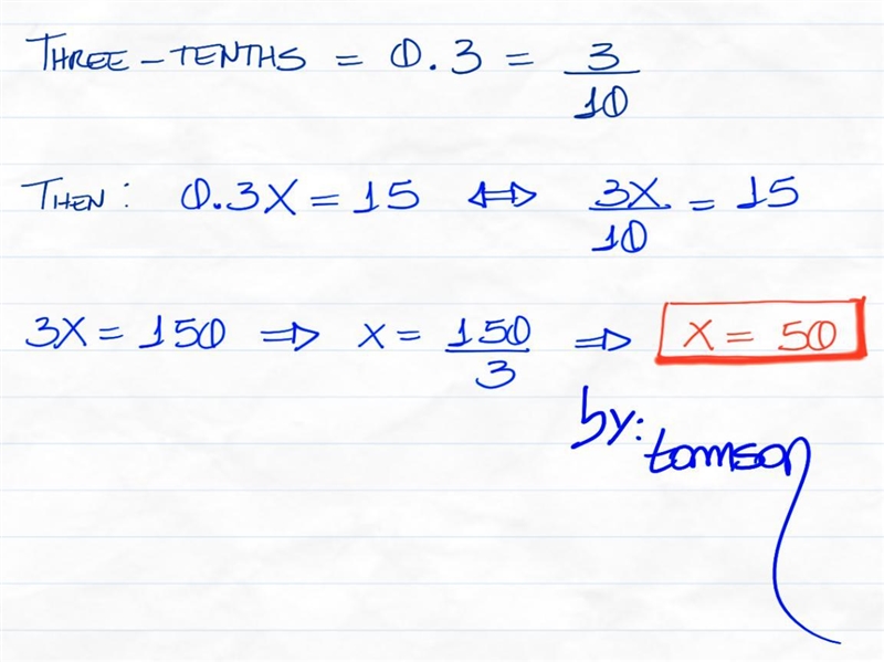 Question Translate to an equation and solve: Three-tenths of x is 15.-example-1