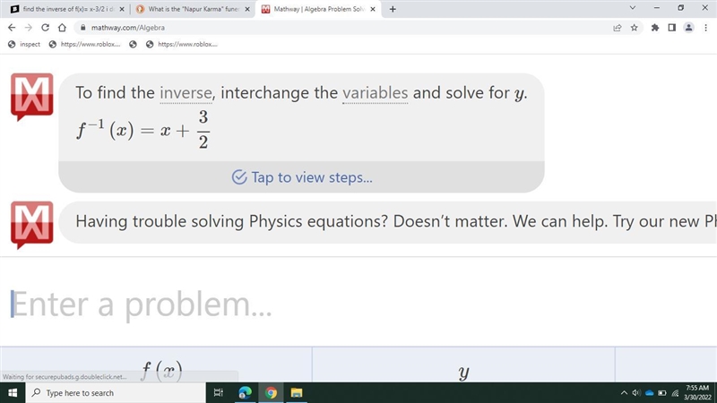 Find the inverse of f(x)= x-3/2 i dont understand this-example-1