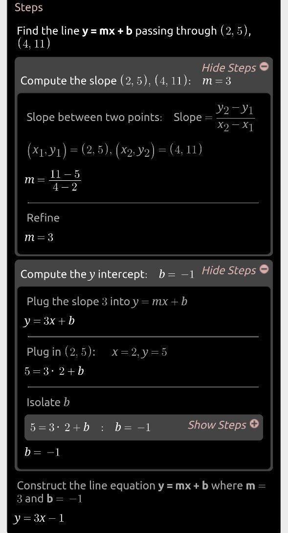 What’s the equation on the starlight line with (2, 5) and (4, 11)-example-1