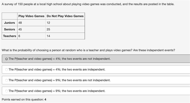 A survey of 150 people at a local high school about playing video games was conducted-example-1