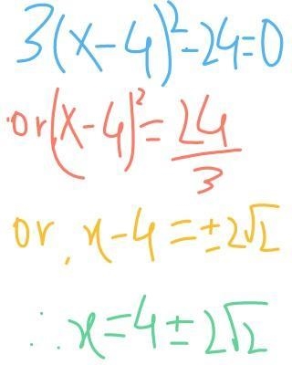 HELP NOWW Solve by taking the square root of both sides. 3(x+4)² - 24 = 0 x = -4-6√√2 or-example-1