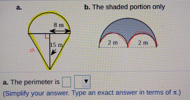 find the perimeter and area of the following figures (a) and (b). a. the perimeter-example-1