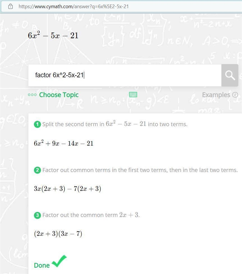 Factor and write the x-intercepts 6x^2-5x-21 PLEASE HELP I NEED ANSWER-example-1