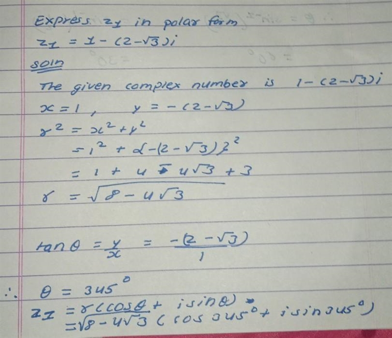 I) Express Z1 in polar Form a) Z1=1-(2-√3)i (complex number)-example-1