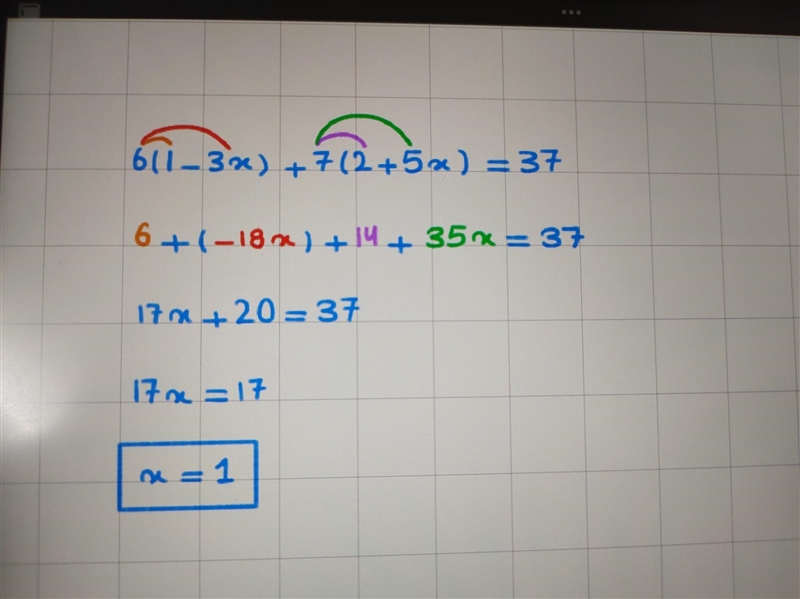 Solve. 6(1-3x)+7(2+5x)=37​-example-1