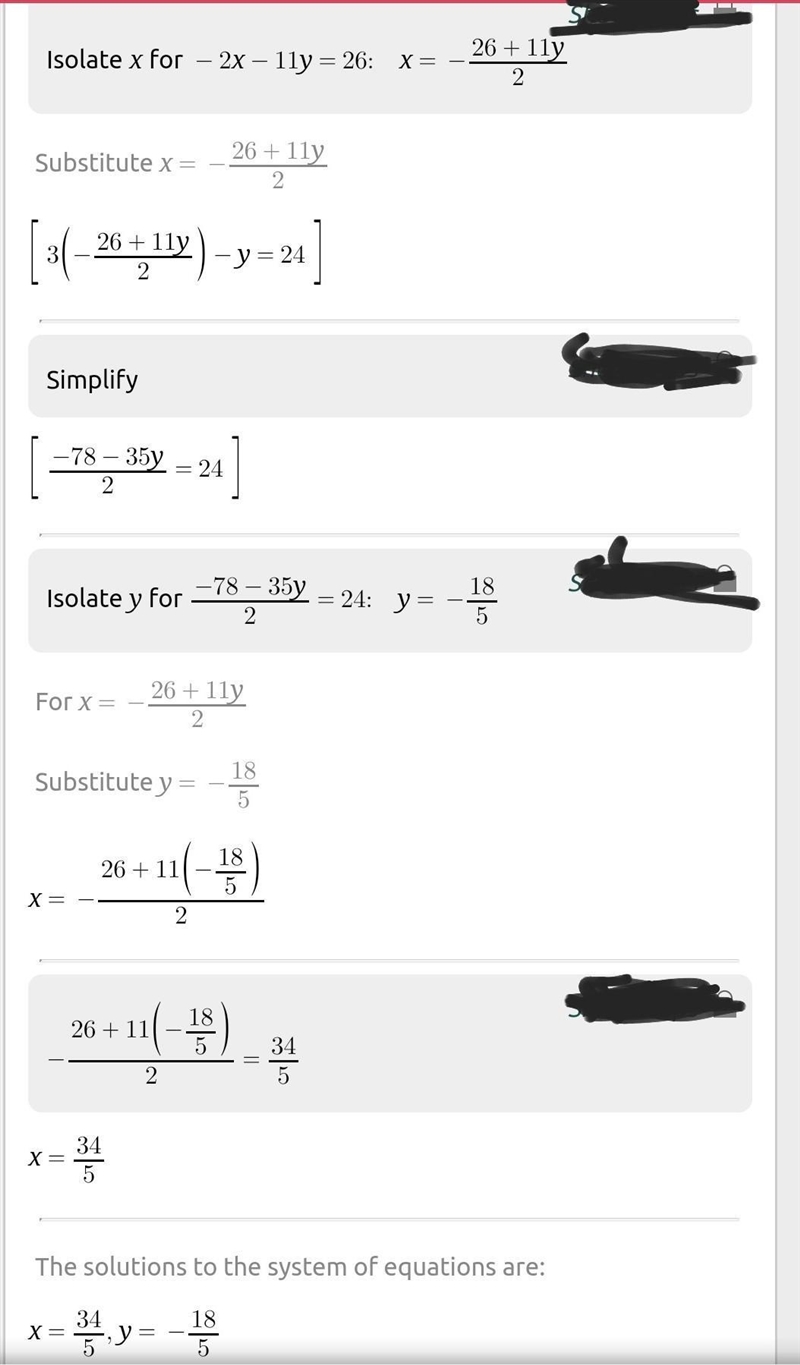 -2x-11y=26;3x-y=24 I have to write it in elimination method-example-1