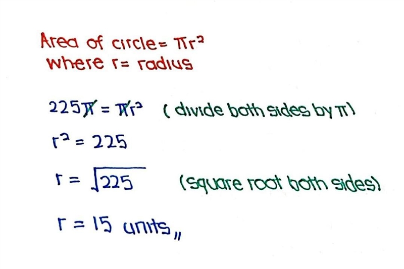 What's the diameter of a circle with area 225π units2? A) 15 units B) 225 units C-example-1