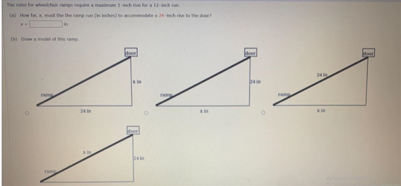 How far, x, must the the ramp run ( in inches) to accommodate a 24- inch rise to the-example-1