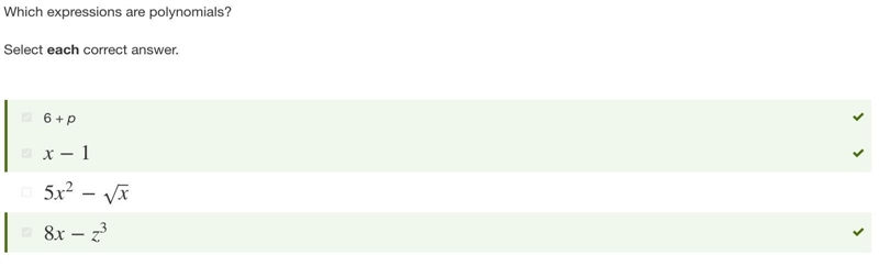 Which expressions are polynomials? Select each correct answer.-example-1