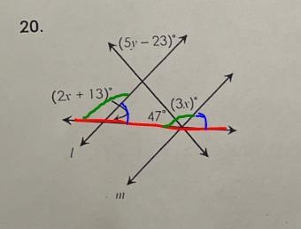 For questions 18-20 if l || m, find the values of x and y-example-1