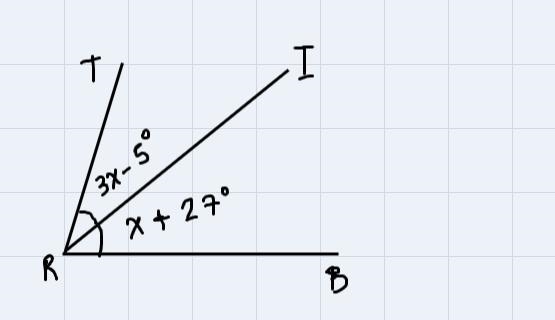 MZTRI 3x - 5, MZIRB = x + 27, and mTRB Does RI bisect TRB?-example-1