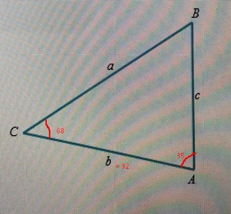 Consider a triangle ABC like the one below. Suppose that A = 35°, C = 68°, b = 32. (The-example-1