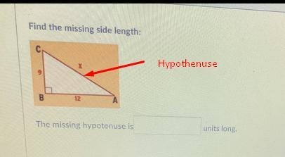 Find the missing side length. The missing hypotenuse is blank units long-example-1