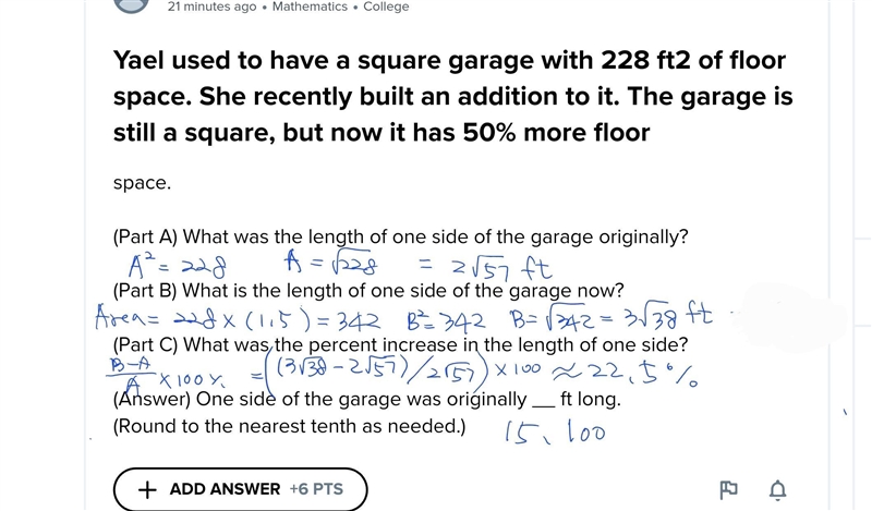 Yael used to have a square garage with 228 ft2 of floor space. She recently built-example-1