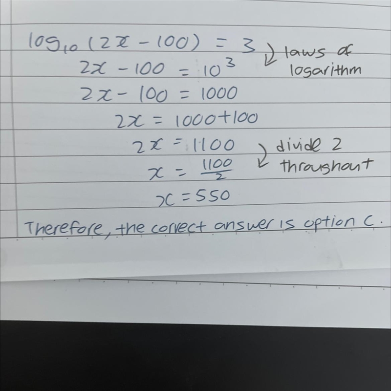 Select the correct answer. What is the solution to this equation? log(2x - 100) = 3 A-example-1