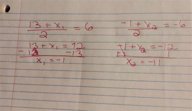 The midpoint of a segment is (6,−6) and one endpoint is (13,−1) . Find the coordinates-example-1