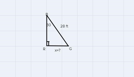 BRGis a 30° -60°-90° triangle. The hypotenuse of BRGhas a length of 28 feet and m-example-1