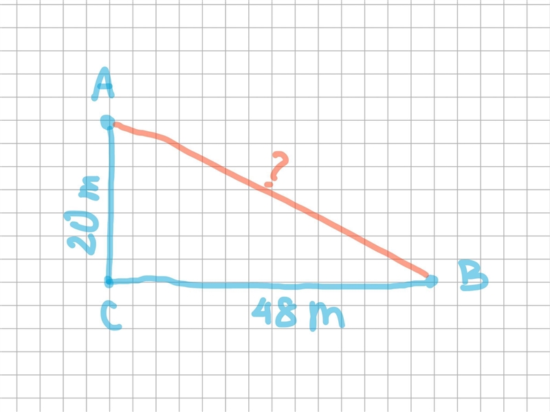 Point A and B are respectively 20m north and 48m east of point c.find the distance-example-1