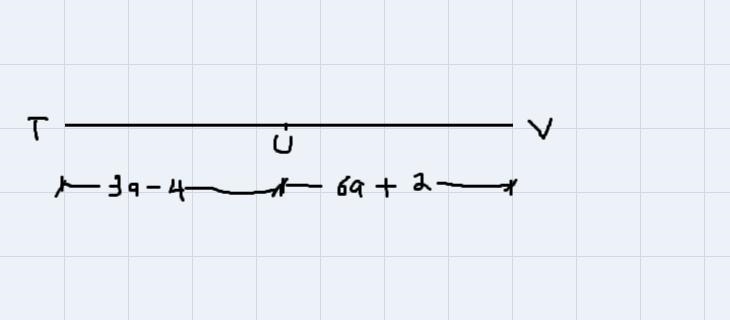 Find the value of a and TV if U is between T and VTU = 3a - 4, UV = 6a + 2, and TV-example-1