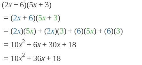 Find the product. (2x + 6) (5x + 3)-example-1