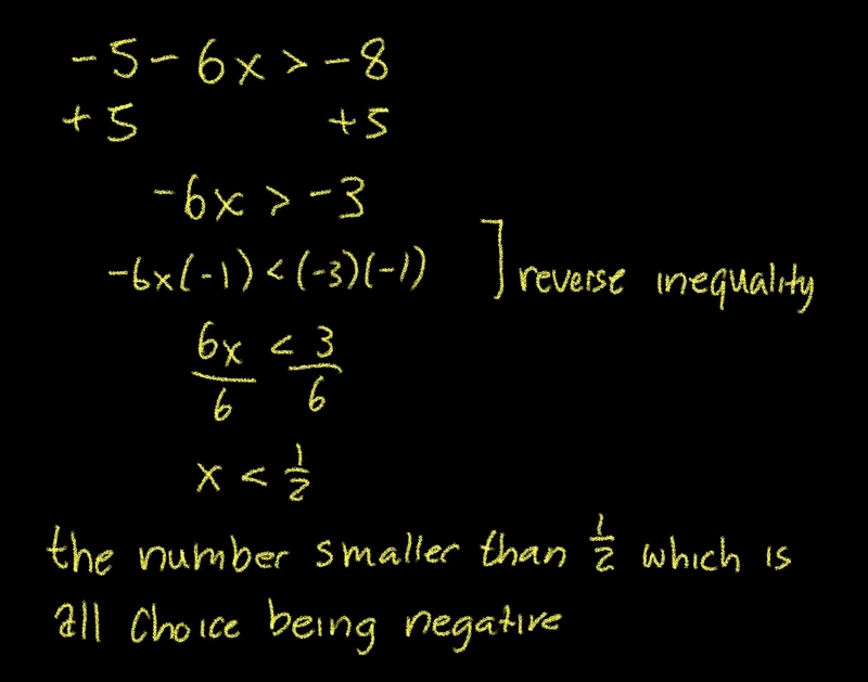 Which of the following values are solutions to the inequality -5 -6x > -8? I. - 4 II-example-1