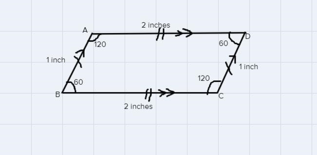 Draw a parallelogram that has side lengths of 2 inches and 1 inch and which has angle-example-1