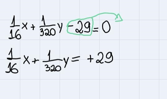 Rewrite the following equation as a function of x(1)/(16)x + (1)/(320)y - 29 = 0-example-1