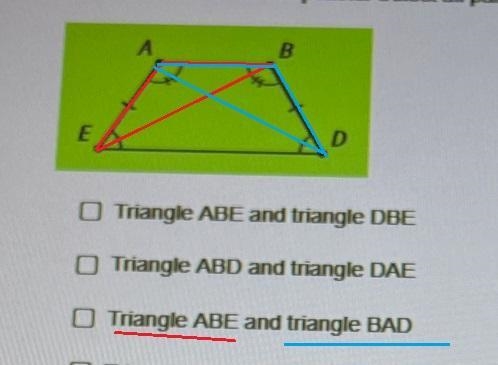 ABDE is an isosceles trapezoid.Select all pairs of congruent triangles.1. Triangle-example-3