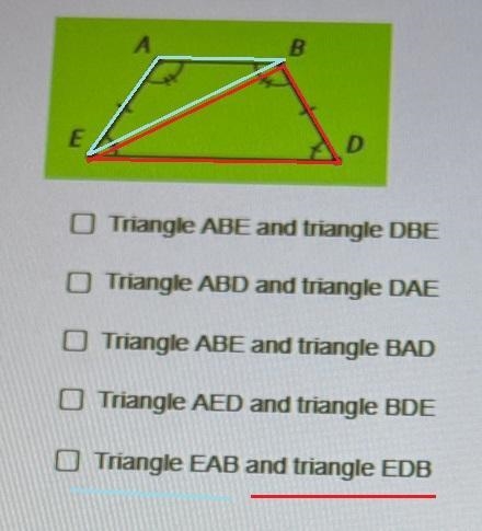 ABDE is an isosceles trapezoid.Select all pairs of congruent triangles.1. Triangle-example-5