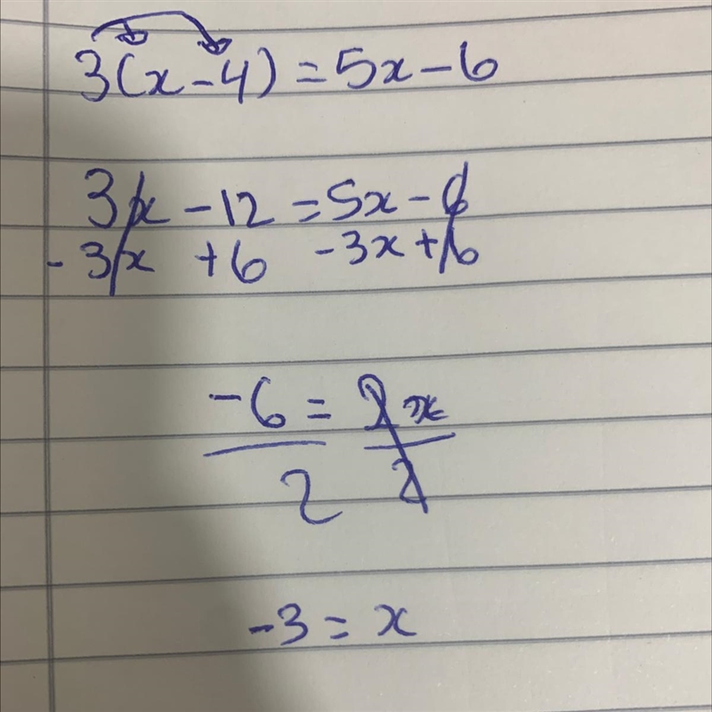 What is the solution to the equation below? 3(x - 4) = 5x - 6 Responses-example-1