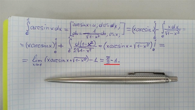 \int\limits^1_0 {arcsinx} \, dx-example-1