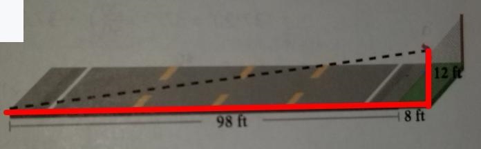 14. A bird is perched on a 12 ft fence which is 8 ft from a 98 ft-wide highway. If-example-1