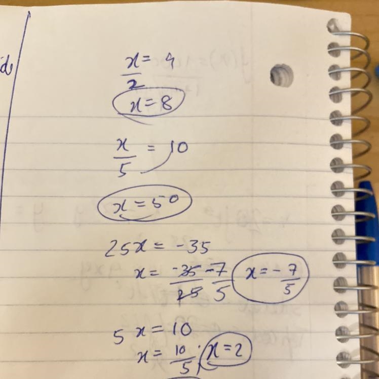 Identify the property used to solve and the solution for each. x/2 = 4 1 x/5= 10 2 5x-example-1