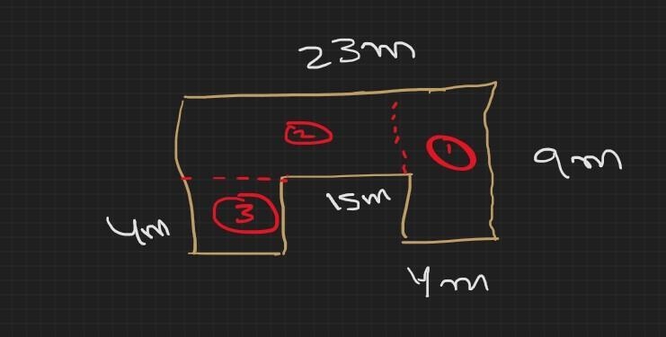 23 mFind the area of the shaded region. All angles are right angles.4 m15 m9 m4 mThe-example-1