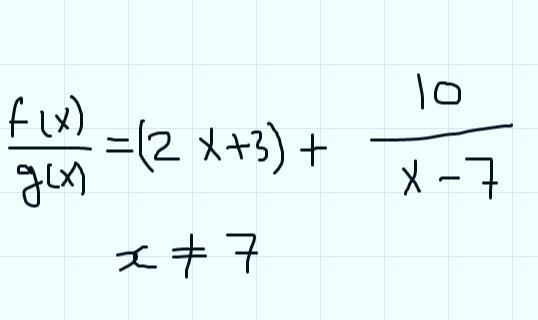 F(x) = 2x2 - 11x - 11g(x) = x - 7Find f(x)/g(x) Include exceptions-example-3