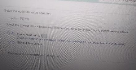 Solve the absolute value equation. 20x - 19 = 0-example-1