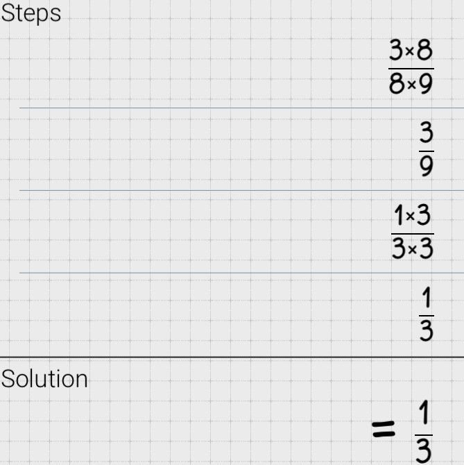 Simplify: 3/8 x 8/9 A. 1/3 B. 2/6 C. 24/72 D. 27/64​-example-1