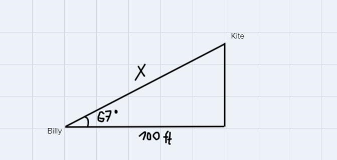 Billy is flying a kite. The kite string makes an angle of67° with the ground. If Billyis-example-1