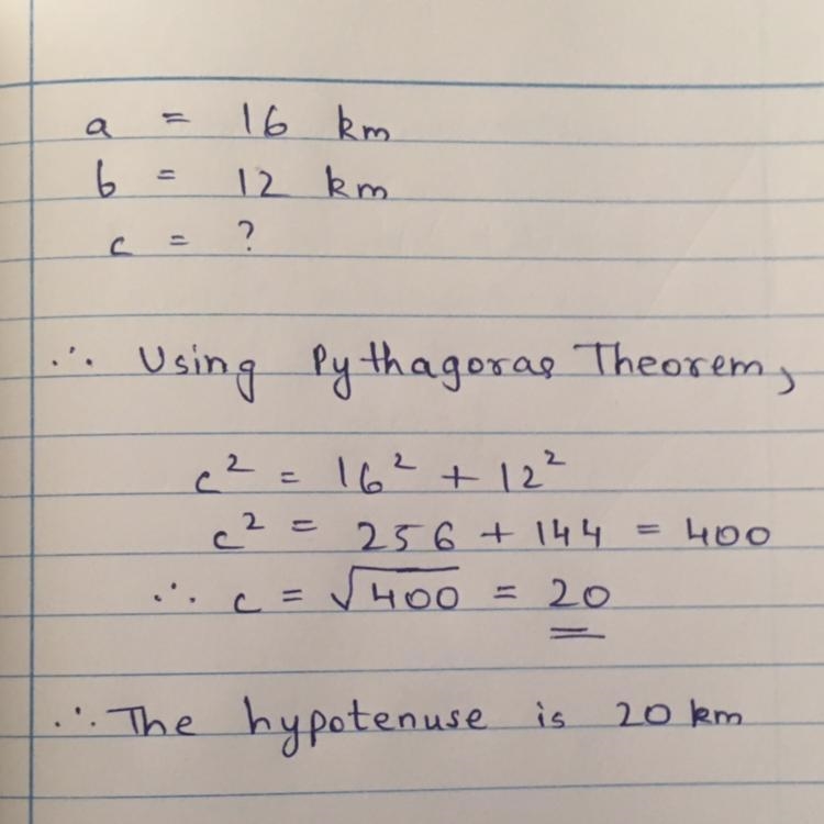 16 km 12 km What is the length of the hypotenuse? If necessary, round to the nearest-example-1