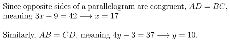 Helppp! , Use parallelogram ABCD. What are the values of x and y ?-example-1