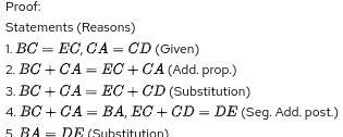 Given: BC = EC, CA = CD Prove: BA= DE PLEASE HELP ASP!-example-1