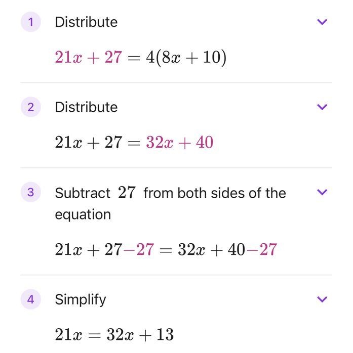 Which of the following best describes the solution to the equation below? 3(7x+9)=4(8x-example-1