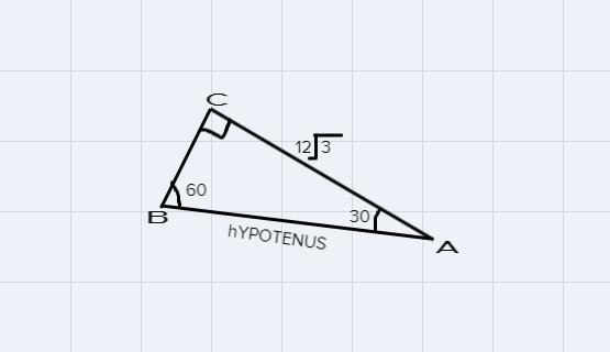 In the diagram, AC = 12 V3. Find BC and AB. Write your answers in simplest form.B-example-1