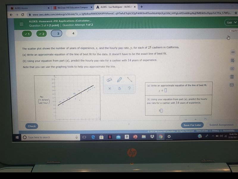 the scatter plot shows the number of years of experience, x, and the hourly pay rate-example-1