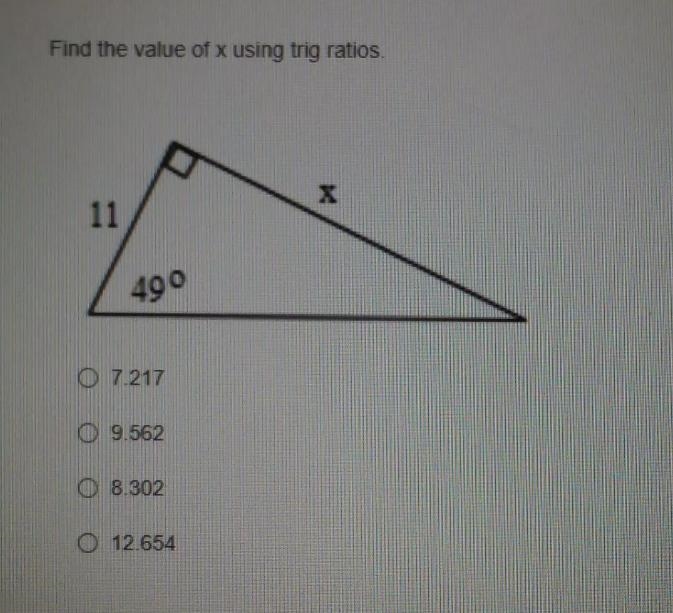 Find the value of x using trig ratios-example-1