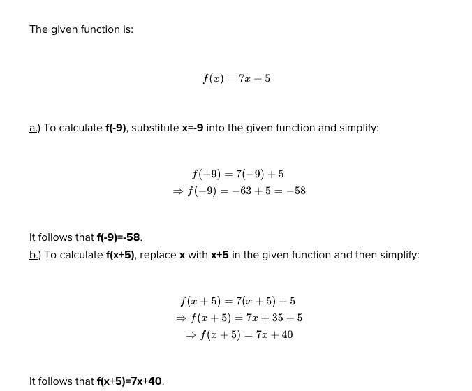 Evaluate the function f left parenthesis x right parenthesis equals 7 x plus 5 at-example-1