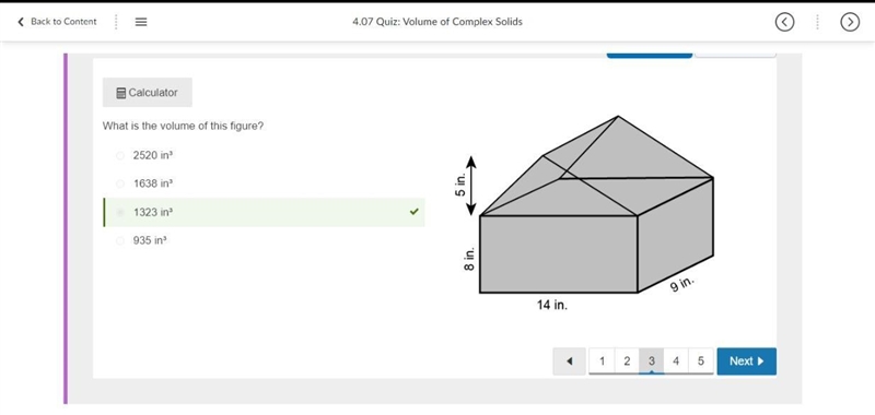 What is the volume of this figure? 2520 in³ 1638 in³ 1323 in³ 935 in³-example-1