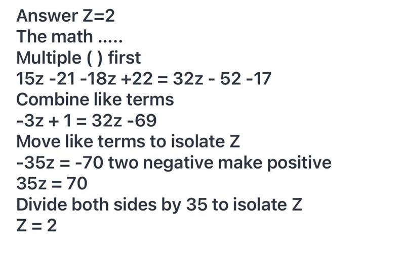 3(5z - 7) - 2 (9z - 11) = 4 (8z - 13) - 17-example-1