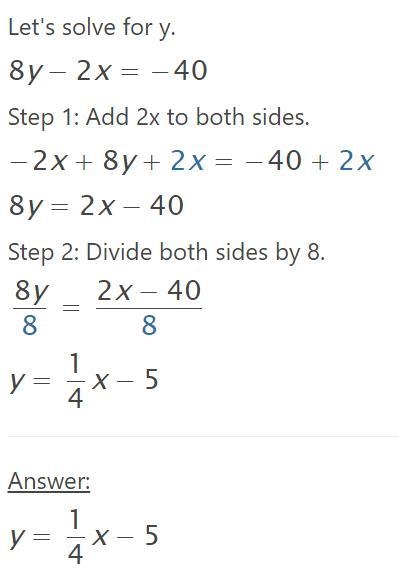 8y-2x=-40 put the following equation in slope intercept form simplyifing all fractions-example-1