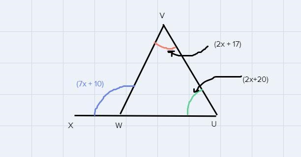 In AUVW, UW is extended through point W to point X, m VWX = (7x + 10)", mWUV-example-2